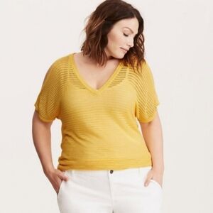 Torrid Open Stitch Shirt Women's Size 2X Yellow Short Sleeve Stretchy Crocheted